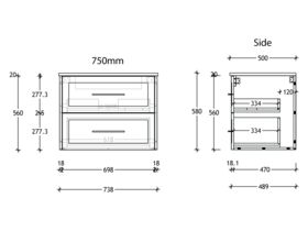 Kado Lux 750mm All Drawer Wall Hung Vanity Unit 2 Drawers Centre Bowl Vanity (No Basin)