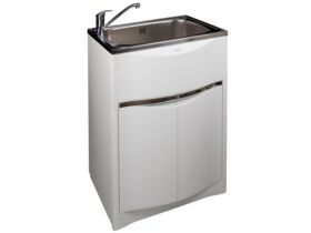 Milena Contour Laundry Trough &amp; Cabinet 45L Stainless Steel Bowl Polymer Cabinet White